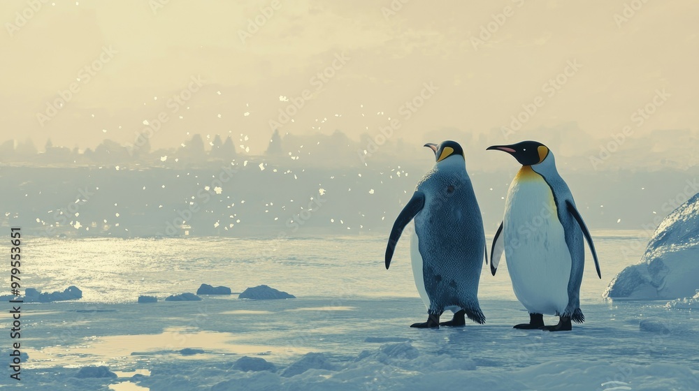 Obraz premium A pair of penguins standing side by side on an icy shore, looking out toward the ocean. -