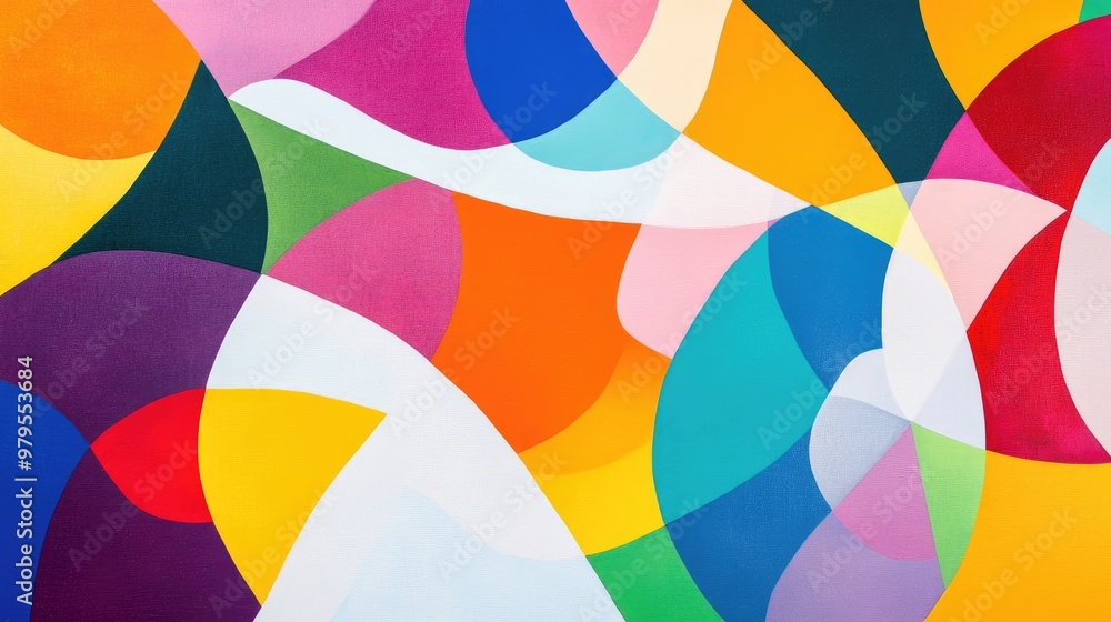 Colorful geometric abstract featuring bold shapes and vibrant colors, arranged in a dynamic pattern on a clean white background Colorful geometric abstract featuring bold shapes and vibrant colors, arranged in a dynamic pattern on a clean white background