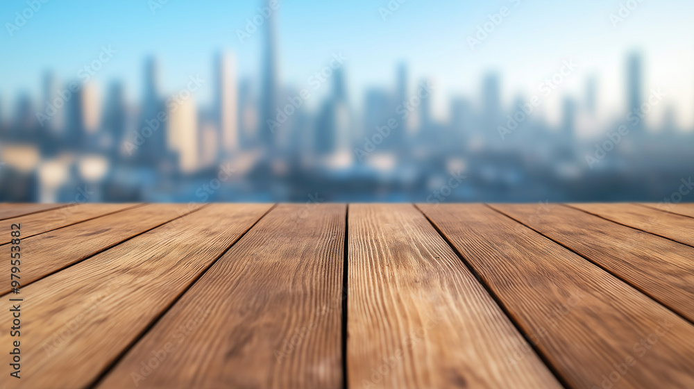 A wooden table with a city view in the background A wooden table with a city view in the background