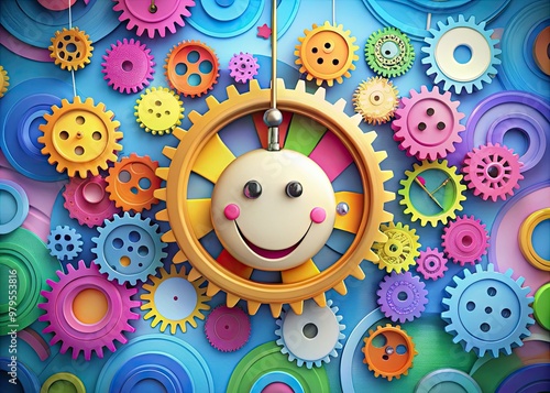 A whimsical illustration of a cheerful clock with a smiling face and swinging pendulum, surrounded by colorful gears and springs, symbolizing time management.