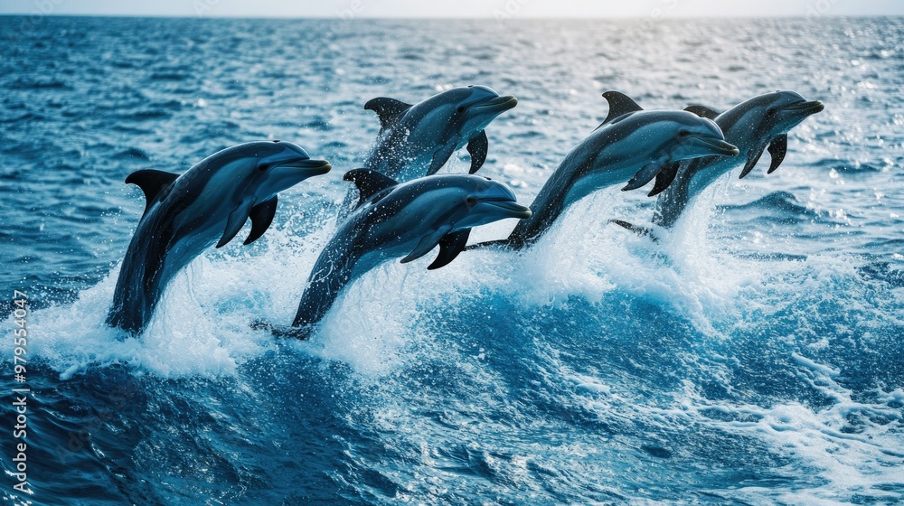 Obraz premium A playful group of dolphins leaping out of the water, their sleek bodies and joyful behavior captured against a backdrop of the open sea.