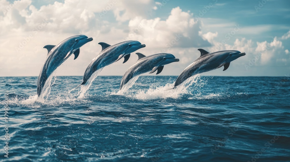 Obraz premium A playful group of dolphins leaping out of the water, their sleek bodies and joyful behavior captured against a backdrop of the open sea.
