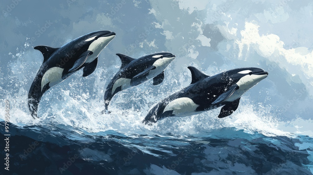 Fototapeta premium A pod of orcas breaching the surface of the ocean in perfect harmony.