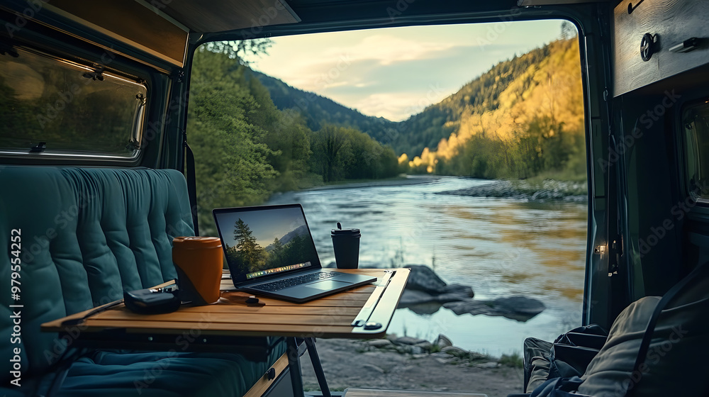 Fototapeta premium Remote worker in a camper van, laptop on a fold-out table, parked by a scenic riverside