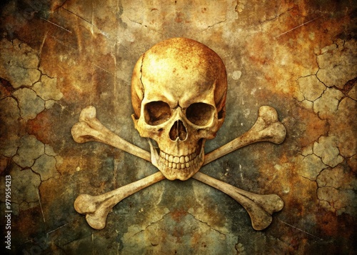 A worn, vintage-style illustration of a skull and crossbones symbol, set against a distressed background with subtle cracks and faded edges, evoking a sense of mystery and danger. photo