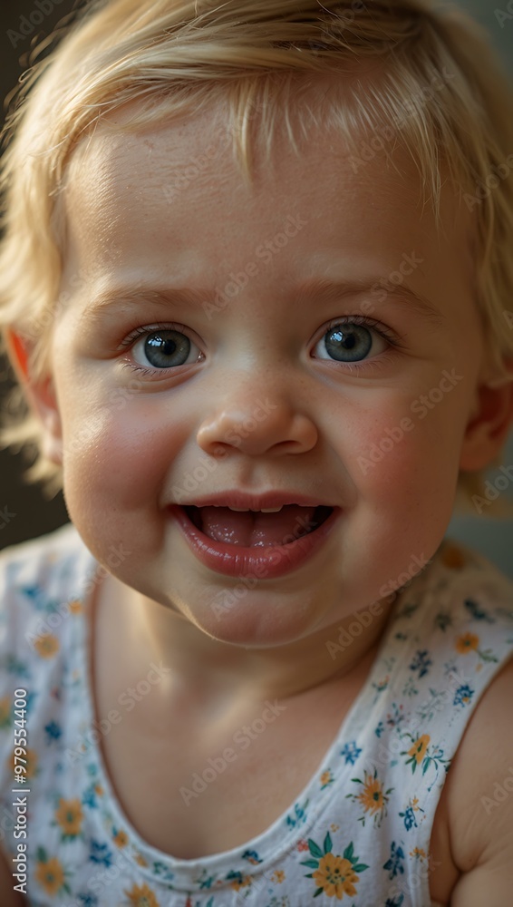 Close-up of a blonde baby with a funny expression, smiling. Close-up of a blonde baby with a funny expression, smiling.