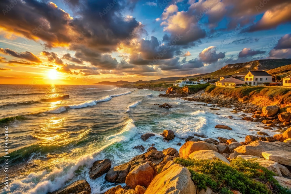 Breathtaking sunset casts warm golden light on the rugged shoreline and rocky waves of Lambert's Bay, a tranquil coastal town in Western Cape, South Africa.