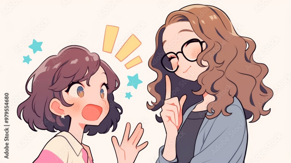 Cute Japanese Cartoon Illustration of Two Professional Women Discussing Ideas with Hand Gestures in an Office Setting, Featuring Star Decorations Cute Japanese Cartoon Illustration of Two Professional Women Discussing Ideas with Hand Gestures in an Office Setting, Featuring Star Decorations