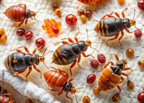 Close-up of a group of bed bugs crawling on a white sheet, with some bugs feeding on human blood, others scattered around, and eggs nearby. photo