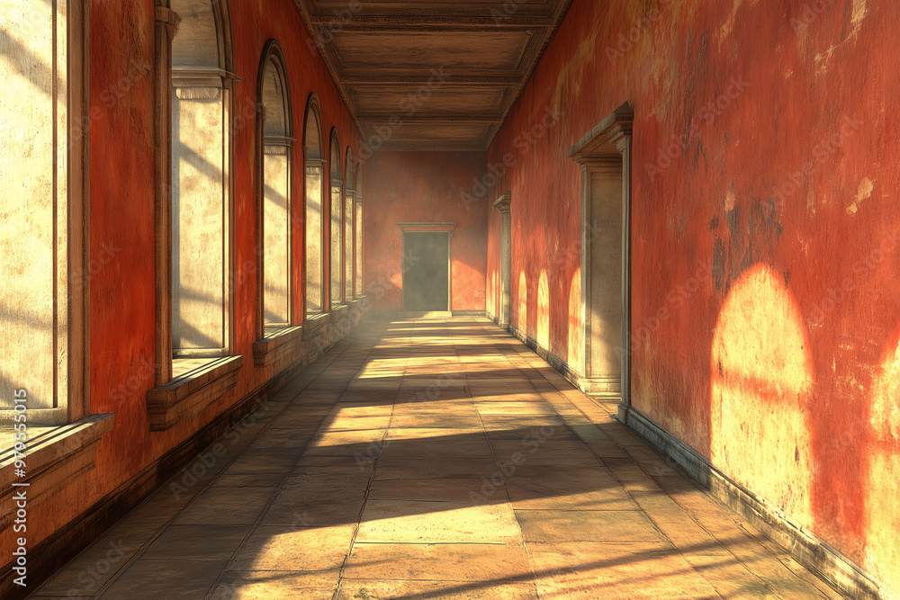 sunlit corridor with arched windows casting shadows on red wall sunlit corridor with arched windows casting shadows on red wall