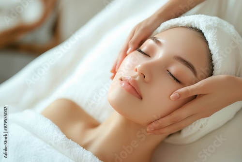 フェイシャルエステのスキンケア・施術で美肌美白の日本人女性の美容・ビューティーポートレート(美人モデル)