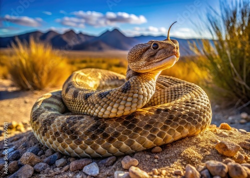 Coiled western diamondback rattlesnake with rattle visible, scales glistening in sunlight, with desert vegetation and rocky outcroppings in the arid southwestern United States landscape. photo