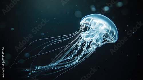 A solitary jellyfish drifting gently through the water, its translucent tentacles glowing in the dim light.