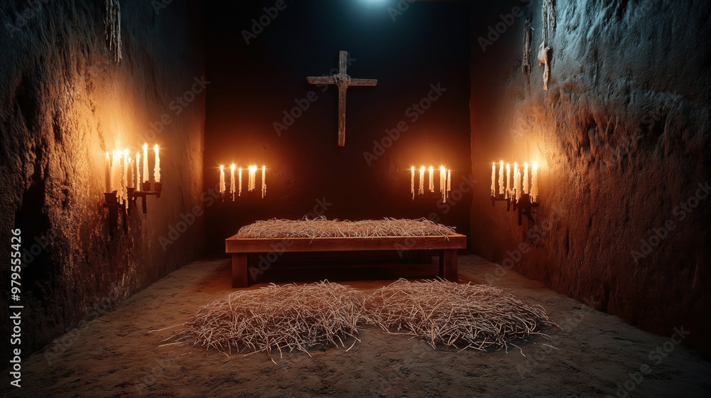 Naklejka premium Dimly lit room with a wooden cross on the wall, candles in candelabras, and a wooden platform covered in straw in the center, creating a rustic, monastic atmosphere.
