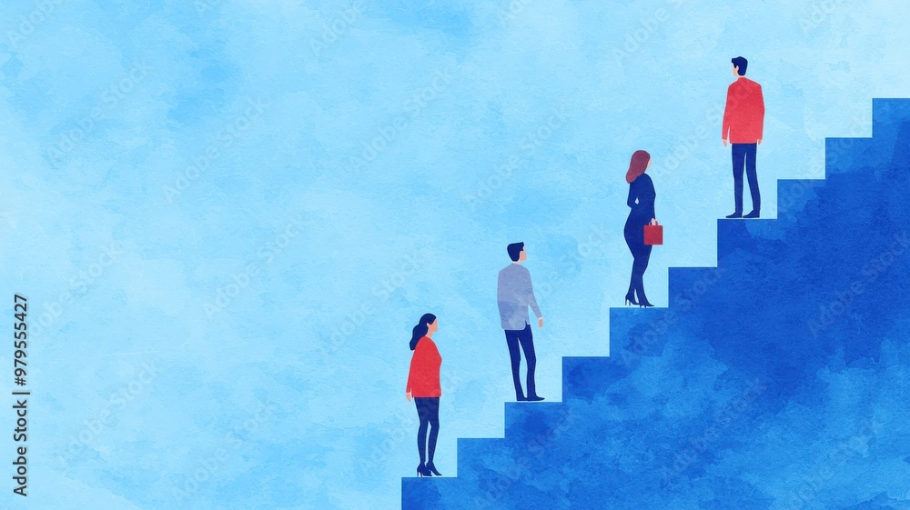 Four individuals ascending stairs, representing progress and teamwork in a modern, abstract style with blue background. Four individuals ascending stairs, representing progress and teamwork in a modern, abstract style with blue background.
