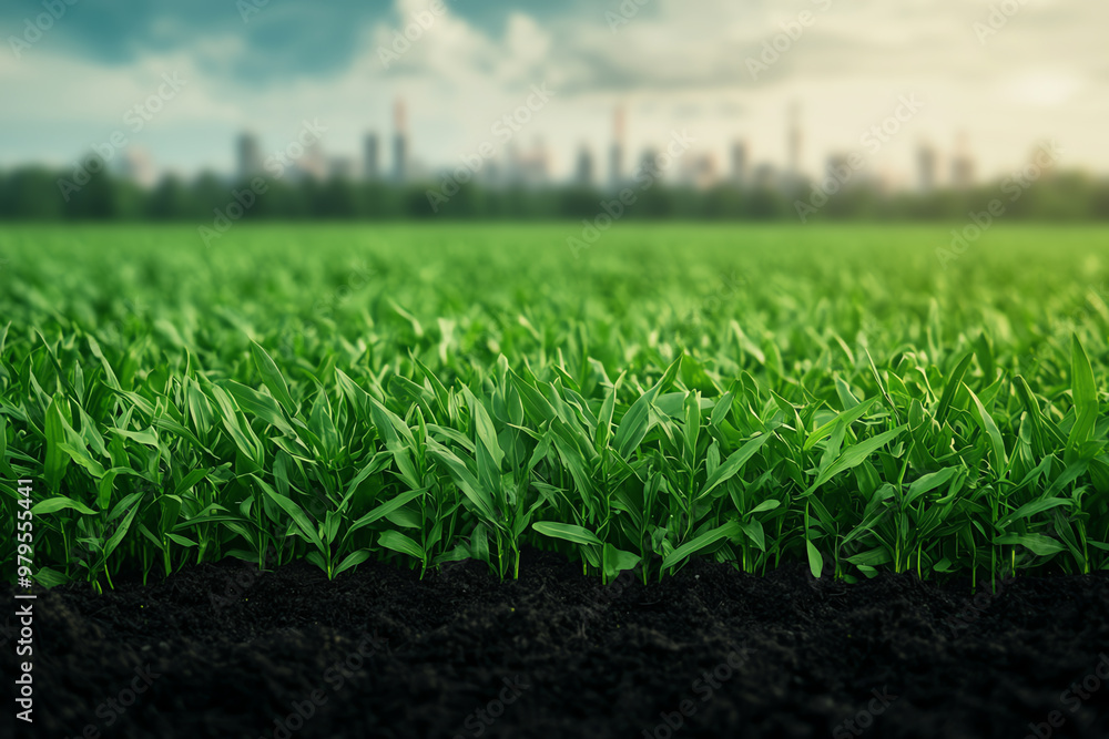 Obraz premium Vibrant green crops grow in rich soil with a city skyline in the background, showcasing the harmony between nature and urban life.