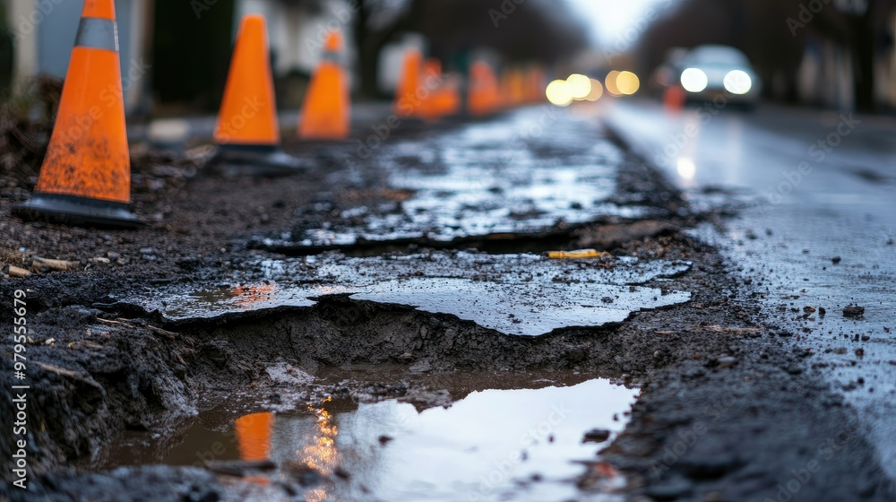 A temporary patch applied to a broken road, with reflective barriers and repair signs. A temporary patch applied to a broken road, with reflective barriers and repair signs.
