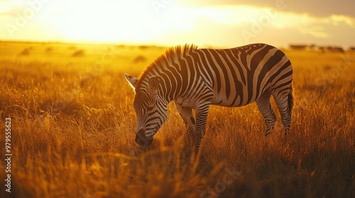 A striking zebra grazing in the golden light of the savanna, its bold stripes and graceful movements captured against the expansive landscape.