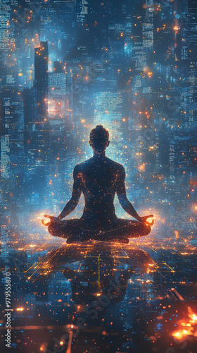 A radiant figure in meditation surrounded by floating data, embodying tranquility and connection to digital universe. serene atmosphere evokes sense of peace and introspection