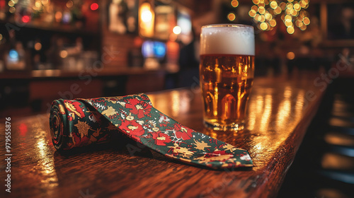 close up shot of a tie with christmas designs on it sitting on a bar counter, warm lighting, uk pub aesthetic, christmas decorations, depth of field, real photography, pint of lager sitting beisde it photo