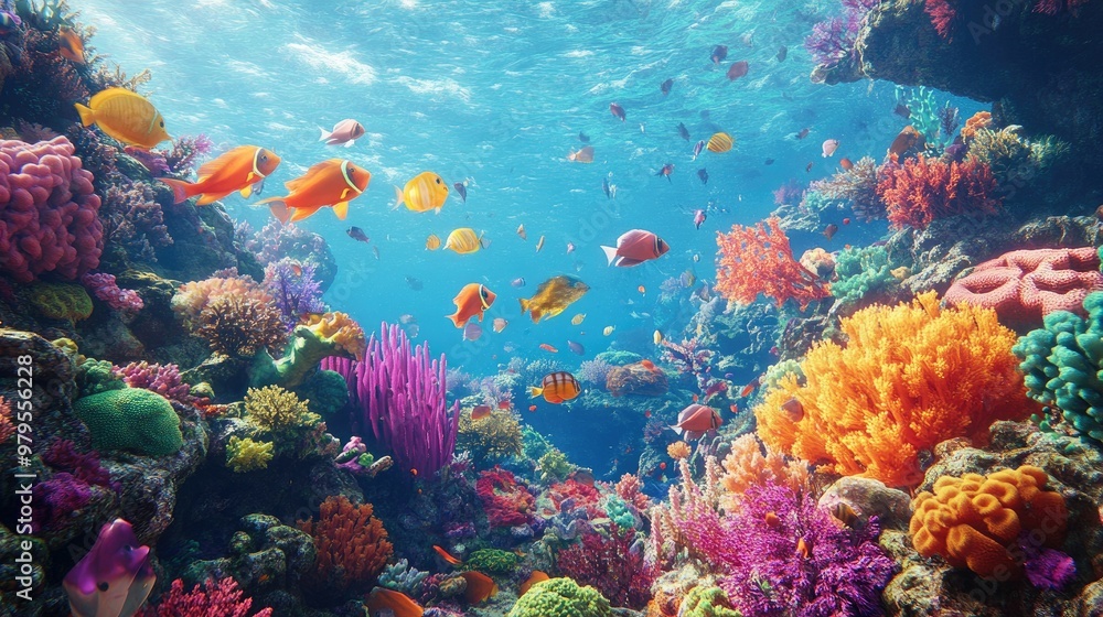 Naklejka premium A vibrant coral reef teeming with colorful fish and marine life, showcasing the beauty of underwater biodiversity.