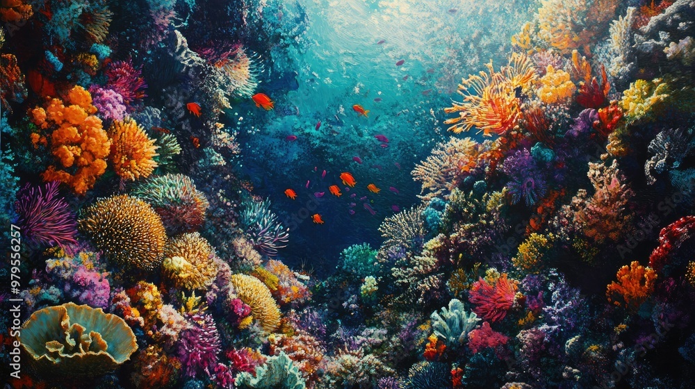 A vibrant coral reef teeming with marine life, including sea urchins, crabs, and colorful fish. A vibrant coral reef teeming with marine life, including sea urchins, crabs, and colorful fish.