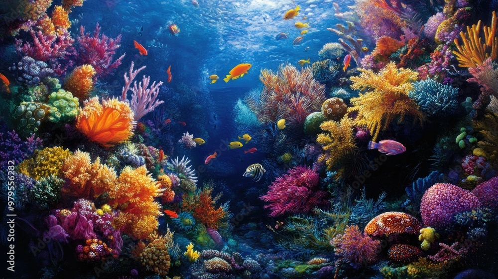 A vibrant coral reef teeming with marine life, including sea urchins, crabs, and colorful fish. A vibrant coral reef teeming with marine life, including sea urchins, crabs, and colorful fish.