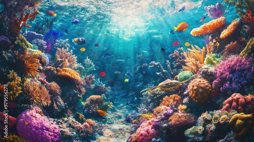 Fototapeta Naklejka Na Ścianę i Meble -  A vibrant coral reef teeming with marine life, including sea urchins, crabs, and colorful fish.