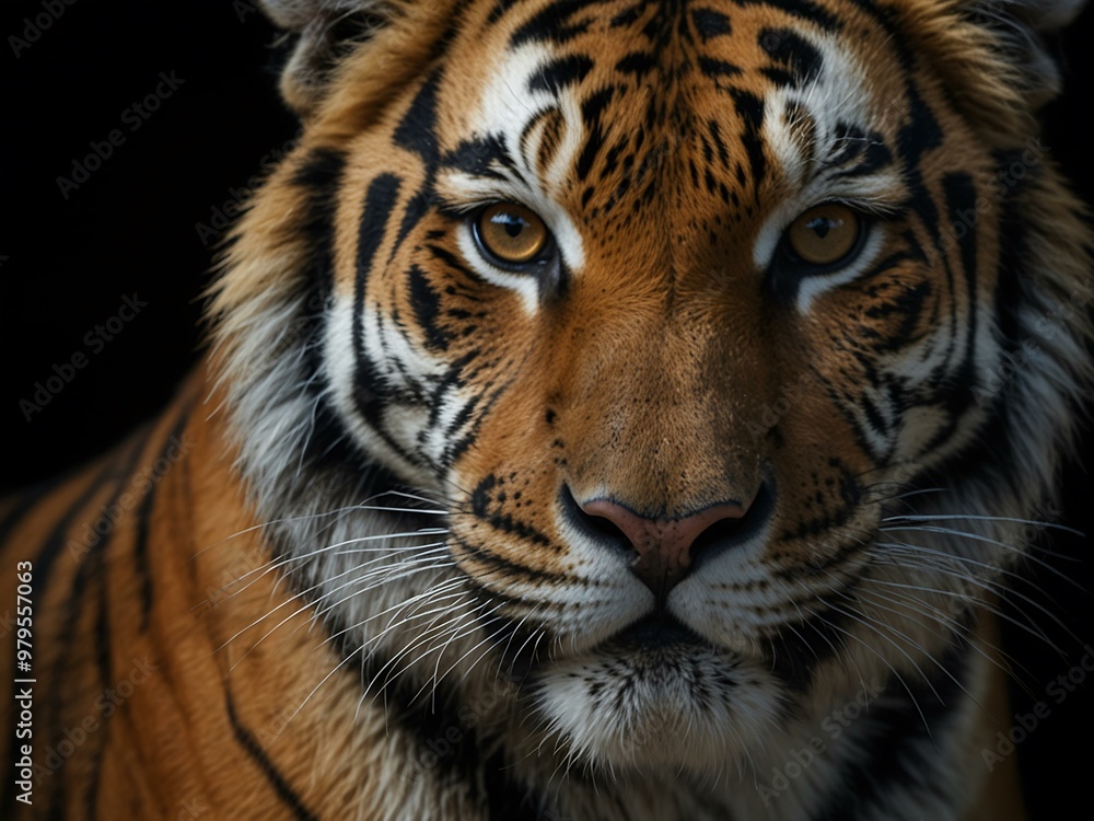 Close-up of a tiger on a black background. Close-up of a tiger on a black background.