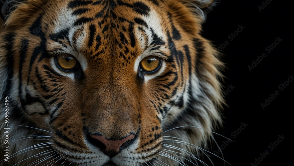 Close-up of a tiger on a black background. Close-up of a tiger on a black background.