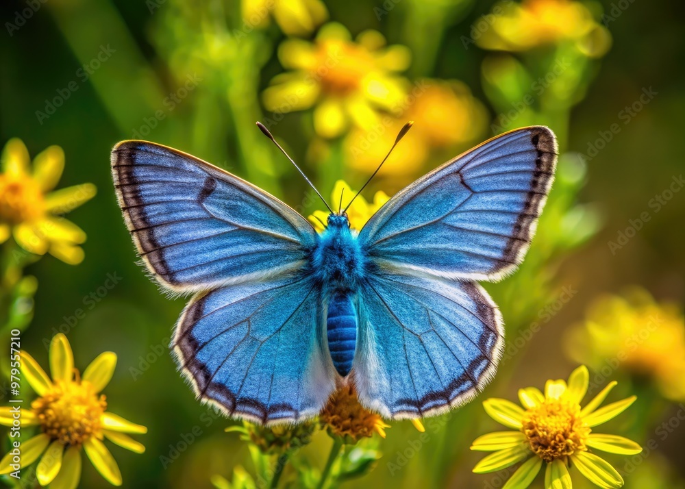 Fototapeta premium Delicate western blue pygmy butterfly perches on a yellow wildflower, its iridescent blue wings glistening in the sunlight, surrounded by lush green foliage.