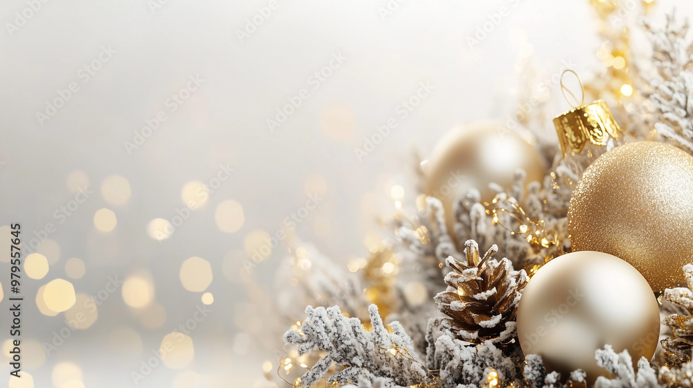 Festive New Year or Christmas background with gold decor on a light background. Copy space. Festive New Year or Christmas background with gold decor on a light background. Copy space.