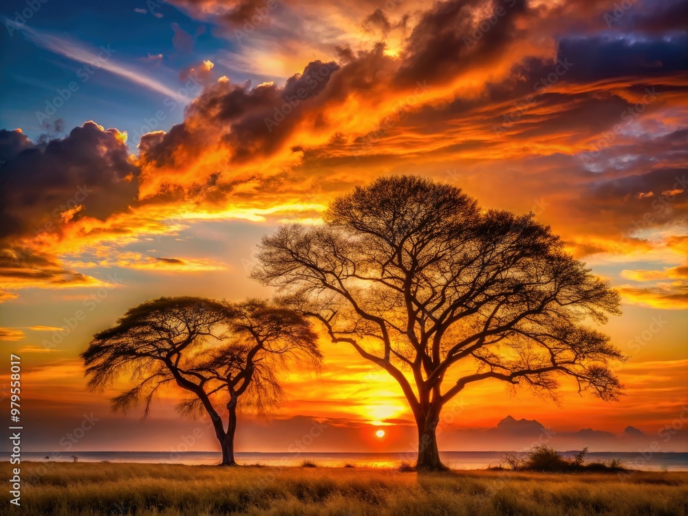 Dramatic sunset casts a warm orange glow on a serene landscape of majestic tree silhouettes, their delicate branches stretching towards the vibrant horizon.