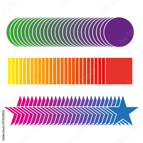Colorful geometric shapes. Gradient circle pattern. Bright square sequence. Star arrow design.