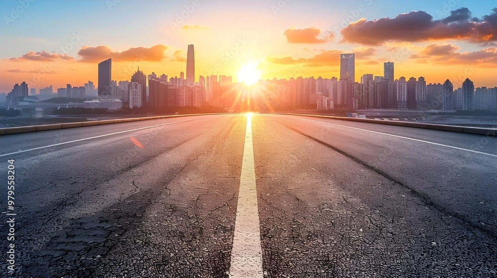Asphalt road and modern city skyline at sunset in Shanghai,China. - Generated AI Asphalt road and modern city skyline at sunset in Shanghai,China. - Generated AI