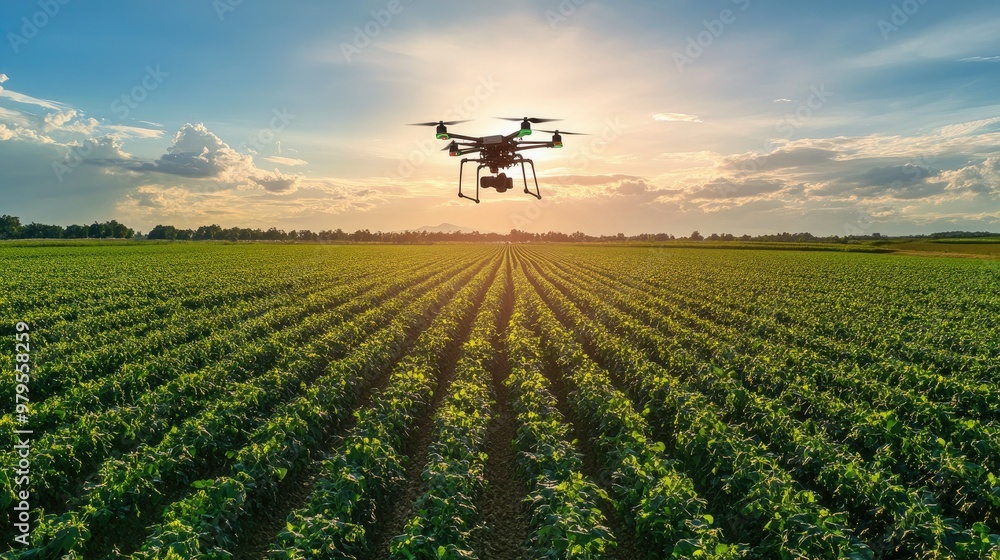 Agricultural drone flying over a large field, monitoring crop health and soil conditions for precision agriculture. Agricultural drone flying over a large field, monitoring crop health and soil conditions for precision agriculture.