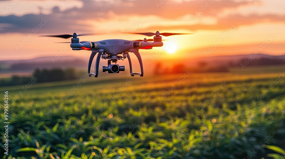 Agricultural drone flying over a large field, monitoring crop health and soil conditions for precision agriculture. Agricultural drone flying over a large field, monitoring crop health and soil conditions for precision agriculture.