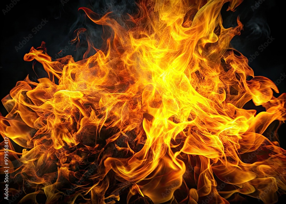 Fiery orange and yellow flames erupt from a dark background, casting flickering shadows and illuminating the surrounding air with intense, crackling energy. Fiery orange and yellow flames erupt from a dark background, casting flickering shadows and illuminating the surrounding air with intense, crackling energy.