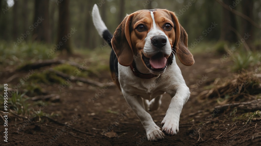 Beagle sniffing the ground on a forest trail Beagle sniffing the ground on a forest trail