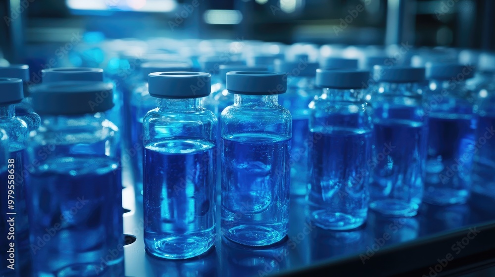Vials of Medical Products in Cold Storage with Cool Blue Lighting and Blurred Background Vials of Medical Products in Cold Storage with Cool Blue Lighting and Blurred Background