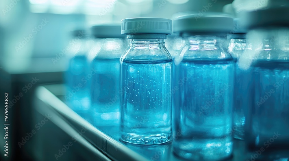 Vials of Medical Products in Cold Storage with Cool Blue Lighting and Blurred Background Vials of Medical Products in Cold Storage with Cool Blue Lighting and Blurred Background