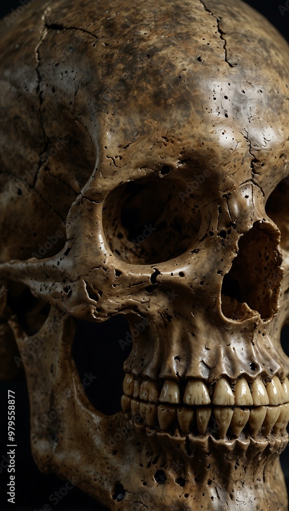 Close-up of an old, weathered skull on a dark background. Close-up of an old, weathered skull on a dark background.
