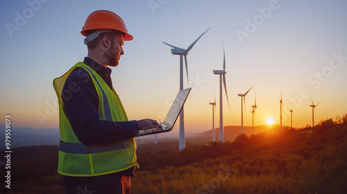 Young male engineer working with laptop computer with wind farm, inspecting wind turbine generator, concept of clean energy, renewable, environmentally friendly.