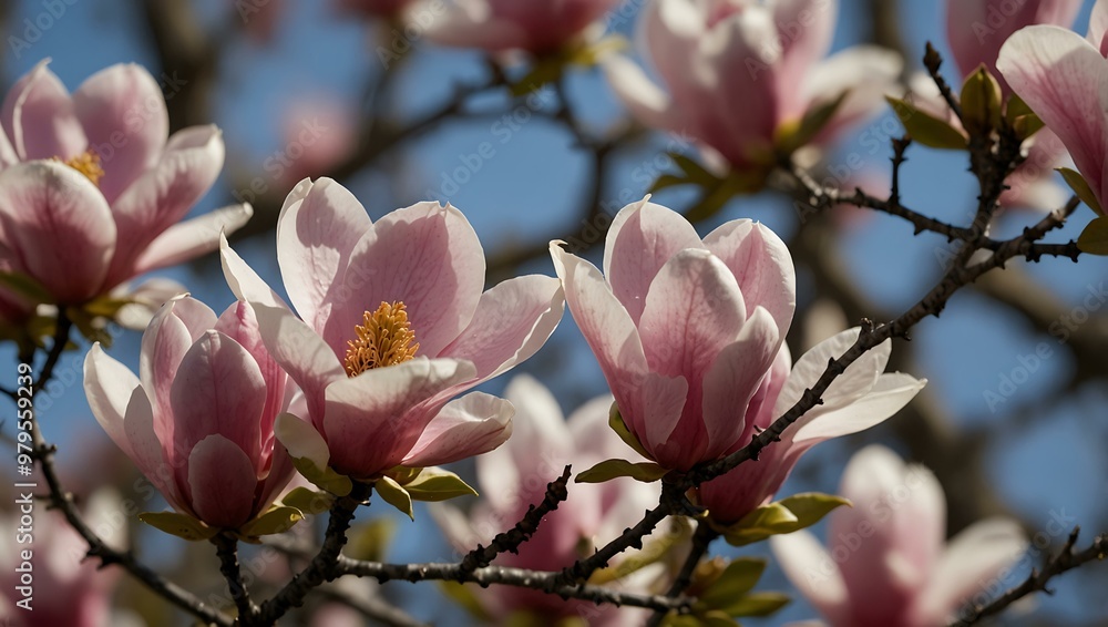 Close-up of blooming magnolia flowers in spring. Close-up of blooming magnolia flowers in spring.