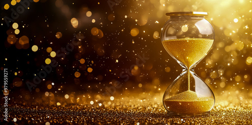 An hourglass with golden sand against the background of an abstract dark gold gradient.