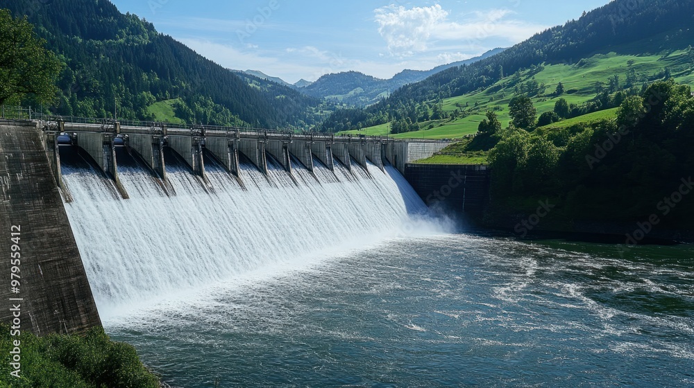 Water flowing steadily through the spillway of a hydroelectric dam, with green hills and forests in the background. Water flowing steadily through the spillway of a hydroelectric dam, with green hills and forests in the background.