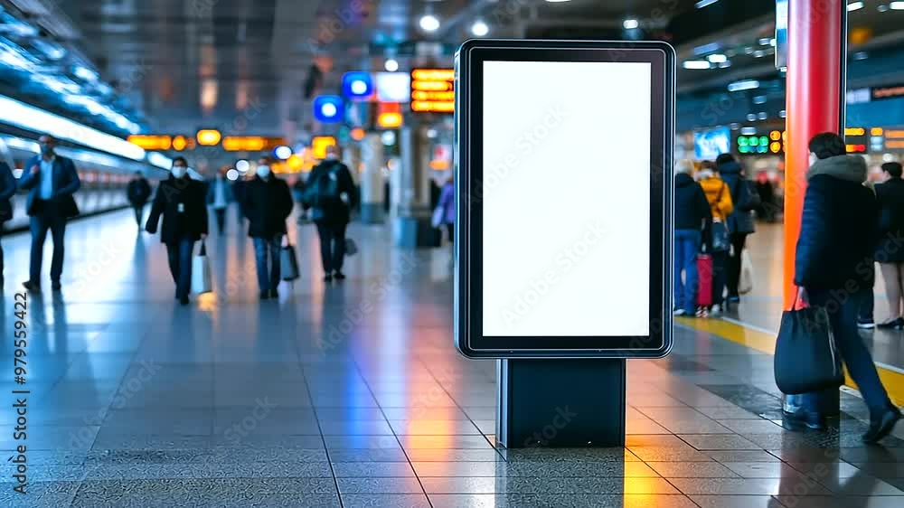 A blank form on a digital display inside a modern train station, surrounded by travelers, perfect for your advertising content A blank form on a digital display inside a modern train station, surrounded by travelers, perfect for your advertising content