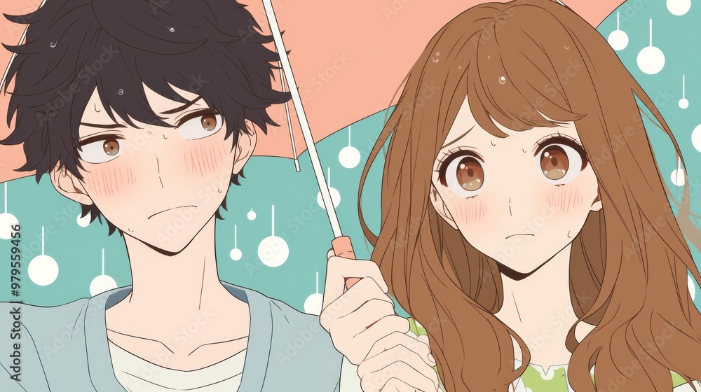 Shy Anime Couple Sharing an Umbrella in the Rain with Flushed Cheeks, Minimalist Style with Copy Space Shy Anime Couple Sharing an Umbrella in the Rain with Flushed Cheeks, Minimalist Style with Copy Space