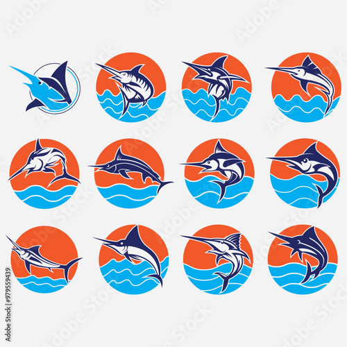 icon set of blue marlin fish