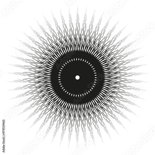 Radial burst vector. Black and white spiked pattern. Concentric circular design. Bold symmetrical effect.
